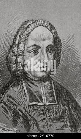 Giulio Alberoni (1664-1752). Italienischer Diplomat, Staatsmann und Kardinal der katholischen Kirche. Im April 1713 zum offiziellen Vertreter des Herzogs von Parma ernannt. Er war der wichtigste Berater von König Philipp V. von Spanien. Hochformat. Illustration von Serra Pausas. „Glorias Españolas“ (Glorias von Spanien). Band IV. Veröffentlicht in Barcelona, 1890. Autor: Joan Serra Pausas (aktiv 1861-1902). Spanischer Künstler. Stockfoto