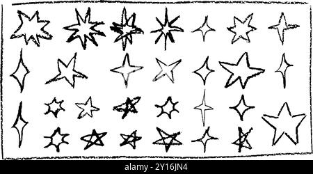 Lustig wie ein Kind, das schwarze Sterne zeichnet. Sammlung von geometrischen Elementen der Wachsbleistiftstruktur. Nachthimmel-Symbole kritzeln, kritzeln. Schnurrt rein Stock Vektor