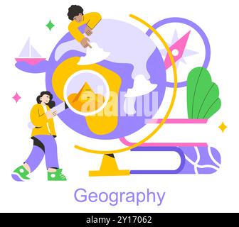Kollaboratives Lernen. Schüler, die sich mit Geografie durch interaktive Elemente beschäftigen. Exploration, digitale Hilfsmittel und Teamarbeit im Bildungsbereich. Vektorabbildung. Stock Vektor