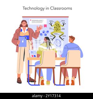 Technologie im Klassenzimmer-Konzept. Ein Lehrer, der digitale Tools nutzt, um das Lernen für aufmerksame Schüler zu verbessern. Interaktive Bildung mit moderner Technik. Vektorabbildung. Stock Vektor