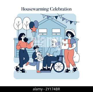 Special Moments Konzept. Familie und Freunde treffen sich, um eine Einweihung zu feiern und Freude mit Geschenken, Ballons und Dekorationen zu teilen. Vektorabbildung. Stock Vektor