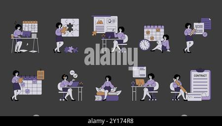 Geschäftsleute eingestellt. Produktive Arbeitsszenen, von der Planung über die Zielsetzung bis hin zur Online-Kommunikation. Teamarbeit und Vertragsunterzeichnung. Vektorabbildung. Stock Vektor