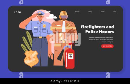 Patriot Day Konzept. Illustration eines Feuerwehrleuten- und Polizeibegrüßes, um Ersthelfer zu ehren. Service-Engagement und Erinnerung. Vektorabbildung. Stock Vektor
