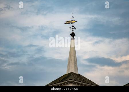 Die Wetterfahne, die wie ein Hahn geformt ist, ist gut sichtbar auf einem Kirchturm zu sehen. Der bewölkte Himmel bildet am frühen Abend eine ruhige Kulisse und bietet eine ruhige Umgebung. Stockfoto