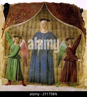 PIERO della FRANCESCA (* 1416, Borgo San Sepolcro, d. 1492, Borgo San Sepolcro) Madonna del Parto 1467 freistehendes Fresko, 260 x 203 cm Friedhofkapelle, Monterchi (Arezzo) die Figur dieser Madonna, der Beschützerin der schwangeren Frauen, mit ihrem strengen Ausdruck und ihrer natürlichen Haltung einer Frau, die mit Kind schwer ist, hebt sich von zwei Engeln an den Seiten offen gehalten wird. Die heilige und rituelle Natur des Bildes wird noch dadurch betont, dass die Engel aus demselben Zeichentrickfilm gezeichnet sind, der im Spiegelbild wiederholt wird. *** Stichwörter: ************* Autor: PIERO della F. Stockfoto