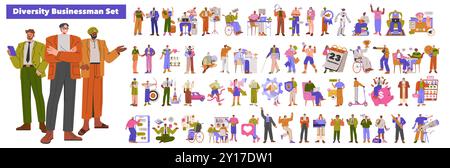 Vielfalt Geschäftsmann Set. Eine Sammlung, die Männer aus dem Geschäft mit verschiedenen Hintergründen darstellt, die verschiedene Aktivitäten ausüben. Integration, Barrierefreiheit und Themen der globalen Unternehmensgemeinschaft. Vektorabbildung. Stock Vektor