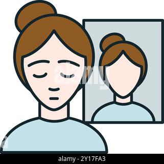 Junge Frau, die in den Spiegel blickt, mit geschlossenen Augen, die Selbstwahrnehmung repräsentieren, Psychologiekonzept Stock Vektor