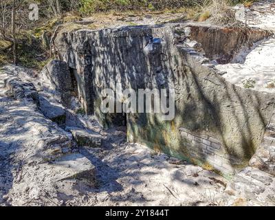 Verlassener Bunker aus dem Zweiten Weltkrieg auf einem sandigen Hügel, ruinierte Struktur und Mauern, niederländisches Dünenreservat Schoorlse Duinen, sonniger Frühlingstag in Nordholland, Nether Stockfoto