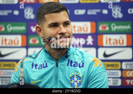 Curitiba, Brasilien. September 2024. Bruno Guimaraes von der brasilianischen Nationalmannschaft, während der Pressekonferenz in Curitiba, Brasilien am 5. September 2024. Das Team bereitet sich auf Ecuador in der 7. Runde der Qualifikation zur FIFA 2026 vor. Foto: Heuler Andrey/DiaEsportivo/Alamy Live News Credit: DiaEsportivo/Alamy Live News Stockfoto