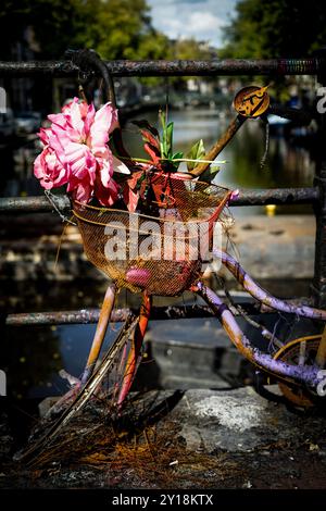 Amsterdam , Niederlande. September 2020. Altes kaputtes Fahrrad mit Blumenschmuck auf dem Geländer einer Brücke mit Blick auf einen Kanal Stockfoto