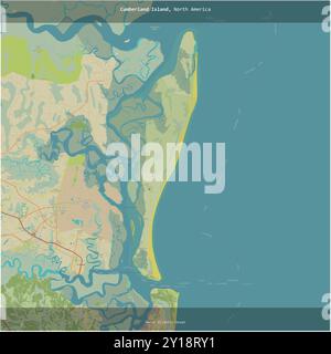 Cumberland Island im Nordatlantik, gehört zu den Vereinigten Staaten, wurde auf einer topografischen Karte im humanitären OSM-Stil quadratisch zugeschnitten Stockfoto