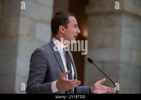 Madrid, Spanien. September 2024. . Juan Lobato, Generalsekretär der Sozialistischen Arbeiterpartei Spaniens der Gemeinschaft Madrid und Sprecher der Sozialistischen Parlamentarischen Fraktion in der Versammlung von Madrid heute Nachmittag am Sitz der Präsidentschaft der Gemeinschaft Madrid. D. Canales Carvajal/Alamy Live News - Bild Stockfoto