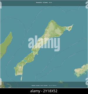 Die Insel Kunashir im Ochotskischen Meer, die zu Russland gehört, wurde auf einer topografischen Karte im humanitären OSM-Stil zum Quadrat gekürzt Stockfoto