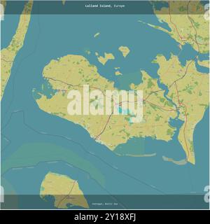 Lolland Island im Kattegat, das zu Dänemark gehört, wurde auf einer topografischen Karte im humanitären OSM-Stil quadratisch zugeschnitten Stockfoto