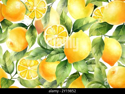 Handgezeichnete Zitronen Hintergrund. Nahtloses Fruchtmuster. Stockfoto