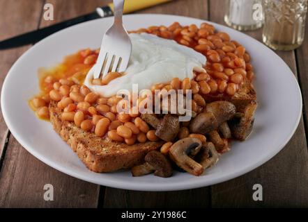 Bohnen auf Toast mit pochiertem Ei und Pilzen. Stockfoto