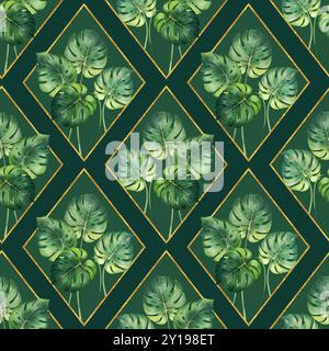 Monstera hinterlässt Hintergrund, nahtloses Blumenmuster mit dekorativen goldenen Rauten. Stockfoto