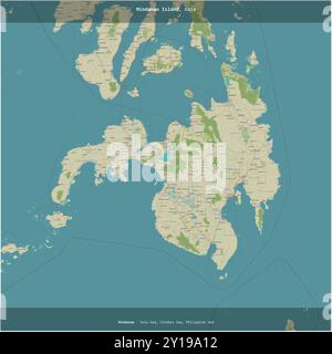 Mindanao Island in der Sulu-See, die zu den Philippinen gehört, wurde auf einer topografischen Karte im humanitären OSM-Stil quadratisch geschnitten Stockfoto