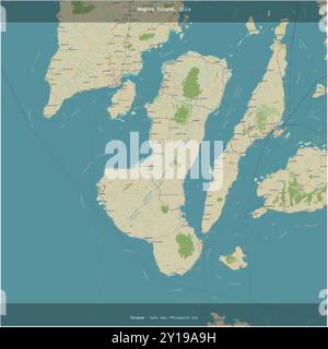 Negros Island in der Sulu-See, die zu den Philippinen gehört, wurde auf einer topografischen Karte im humanitären OSM-Stil quadratisch geschnitten Stockfoto