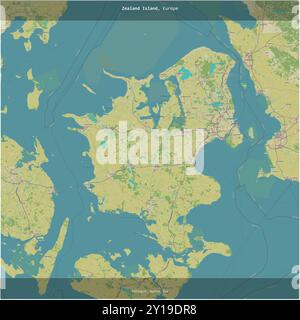 Die Insel Seeland im Kattegat, die zu Dänemark gehört, wurde auf einer topografischen Karte im humanitären OSM-Stil quadratisch zugeschnitten Stockfoto