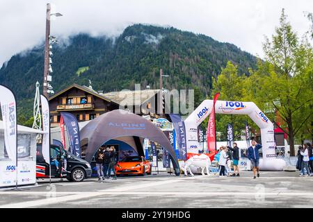 Morzine, Frankreich. September 2024. Village des partenaires, Igol während der Rallye Mont-Blanc Morzine 2024, 6. Runde des Championnat de France des Rallyes 2024, vom 6. Bis 9. September in Morzine, Frankreich - Foto Bastien Roux/DPPI Credit: DPPI Media/Alamy Live News Stockfoto
