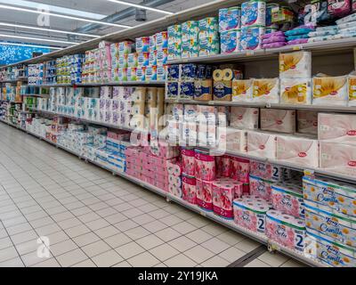 Italien - 24. Juli 2024: Toilettenpapierrollen in Packungen verschiedener Typen und Marken werden in großen Regalen im italienischen Supermarkt Ai zum Verkauf angeboten Stockfoto