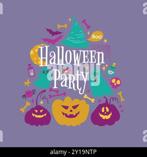 Halloween-Party-Karte. Halloween-Poster, Webbanner, Grußkarte, Cover für Partyeinladungen. Farbenfrohe helle Vektor-Design-Elemente orange p Stock Vektor
