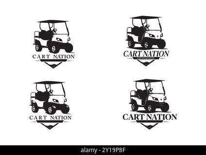 Elegante Golfwagen-Logos mit „Cart Nation“-Text mit verschiedenen künstlerischen Abzeichen Stock Vektor