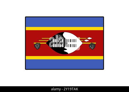 Die Flagge von Eswatini hat ein auffälliges Design mit einem schwarzen und weißen Schild in der Mitte, flankiert von bunten horizontalen Streifen, die das Erbe und die Identität des Landes darstellen. Stock Vektor