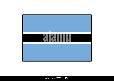 Die Flagge Botswanas zeigt einen horizontalen schwarzen Streifen zwischen zwei dünnen weißen Streifen auf einem hellblauen Feld. Dies symbolisiert den Frieden und die natürlichen Ressourcen des Landes. Stock Vektor