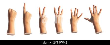 Kinder Hand zählt Finger. Null, eins, zwei, drei, vier, fünf, Zahlen isoliert. Gesten auf weißem Hintergrund. Stockfoto