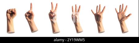 Kinder Hand zählt Finger. Null, eins, zwei, drei, vier, fünf, Zahlen isoliert. Gesten für Quantität, Punktzahl, weißen Hintergrund. Stockfoto