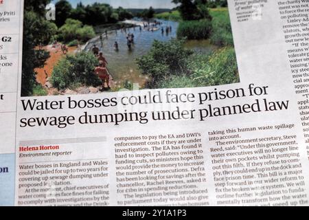 "Wasserbosse könnten wegen Abwasserentsorgung nach Plangesetz ins Gefängnis geraten" Guardian-Zeitung artikel 5 September 2024 London England Vereinigtes Königreich Stockfoto