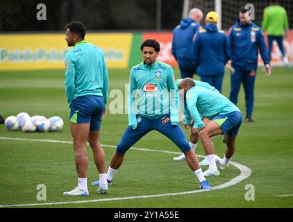 Curitiba, Brasilien. September 2024. Marquinhos von Brasilien während des Trainings am Tag vor dem Qualifikationsspiel der brasilianischen FIFA-Weltmeisterschaft gegen Ecuador, das im Couto Pereira-Stadion in Curitiba, Brasilien, ausgetragen wird. (Andre Ricardo/SPP) Credit: SPP Sport Press Photo. /Alamy Live News Stockfoto