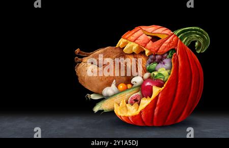 Halloween-Kürbis und gruselige Jack-o-Laterne-Figur in einer Seitenansicht mit offenem Mund, die ein traditionelles Truthahnessen als Symbol für Herbst und Autom isst Stockfoto