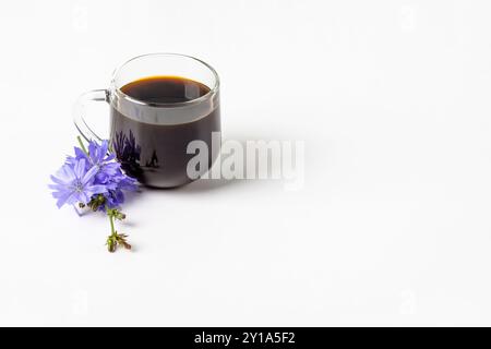 Glasbecher mit Zichoriengetränk und blauen Zichorienblüten auf grauem Hintergrund. Gesunde Ernährung Stockfoto