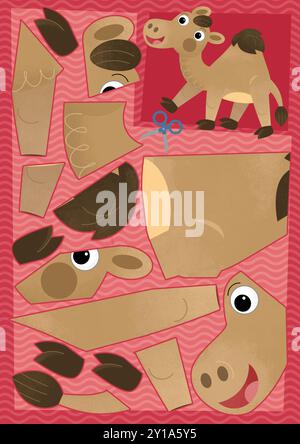 Zeichentrickszene mit Charakter Puzzle Ausschnitt pädagogische Übung Handarbeit mit Schere Tier Kamel Dromedary Illustration für Kinder Stockfoto