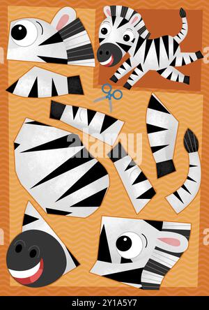 Zeichentrickszene mit Charakter Puzzle Ausschnitt pädagogische Übung Handarbeit mit Schere Tier Zebra Pferd Illustration für Kinder Stockfoto