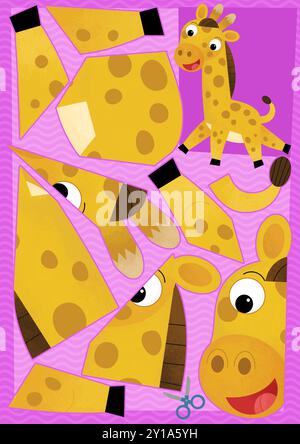 Zeichentrickszene mit Charakter Puzzle Ausschnitt pädagogische Übung Handarbeit mit Schere Tier Giraffe Illustration für Kinder Stockfoto