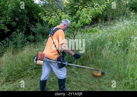 Ein reifer Mann in Schutzkleidung und Handschuhen mit Trimmer. Mähen von hohem Gras und Unkraut mit einem Trimmer. Selektiv fokussieren Stockfoto