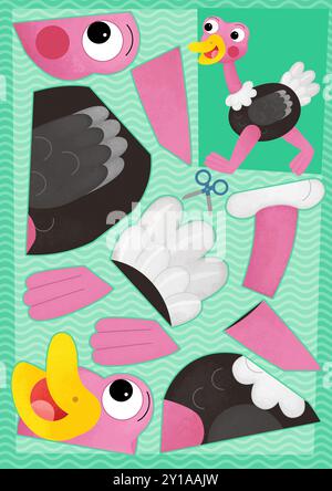 Zeichentrickszene mit Charakter Puzzle Ausschnitt pädagogische Übung Handarbeit mit Schere Tier Strauß Vogel Illustration für Kinder Stockfoto