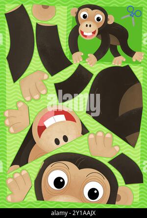 Zeichentrickszene mit Charakter Puzzle Ausschnitt pädagogische Übung Handarbeit mit Schere Tier Affen Affen Schimpansen Illustration für Kinder Stockfoto