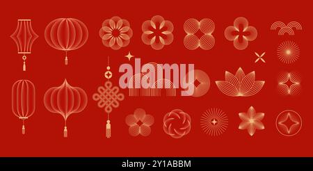 Chinesische Neujahrssymbole, Symbole und Dekorationen. Abstraktes lineares Design, Illustrationen. Laternen, Blumen, Wolken und Rahmen. Sammlung von Stock Vektor