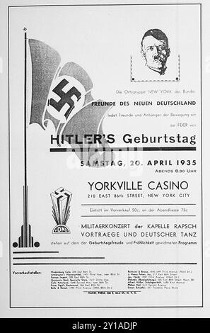 Ein Poster, das eine Abendfeier zu Ehren Hitlers Geburtstag in New York City anpriesen wird, gesponsert von den Freunden des New Germany Date April 1935 Stockfoto