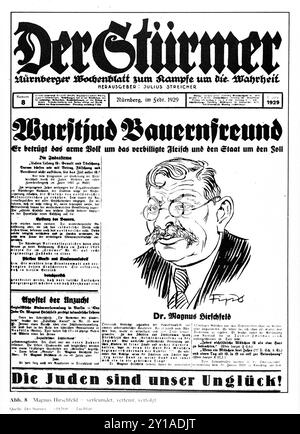 Titelseite der Februar 1929 Ausgabe von „der Stuermer“. Der Stürmer war eine heftig antisemitische Publikation unter der Leitung von Julius Streicher, einem der giftigsten Anhänger Hitlers. Stockfoto