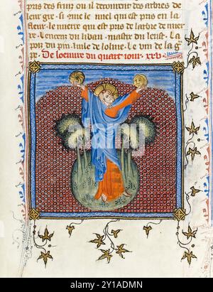 God Creating the Sun and the Moon Illustration aus Speculum historiale „The Mirror of History“ Vol. I (Livres I-VII) Folio 15r von Vincent de Beauvais (c.1190-1264), das ein Kompendium wissenschaftlicher Erkenntnisse und der Geschichte der Welt bis ins 13. Jahrhundert enthält. Stockfoto