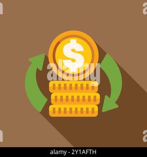 Geldumlaufkonzept mit Stapel wachsender goldener Münzen und grüner Pfeile herum, finanzieller Erfolg, Gewinn, Einkommen flach Stil Design Vektor Illustration mit langem Schatten Stock Vektor