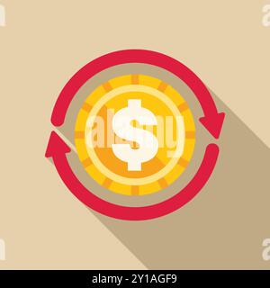 Goldmünze mit Dollarzeichen, die sich mit roten Pfeilen drehen, die den Cashflow, den Geldwechsel und den Geldumlauf symbolisieren Stock Vektor