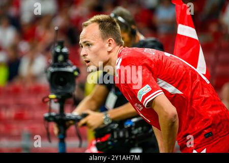 14 (DEN) - Mikkel Damsgaard. UEFA Nations League: Danmark mod Schweiz - 05.09.24. København, Danmark. 5. September 2024. Stockfoto