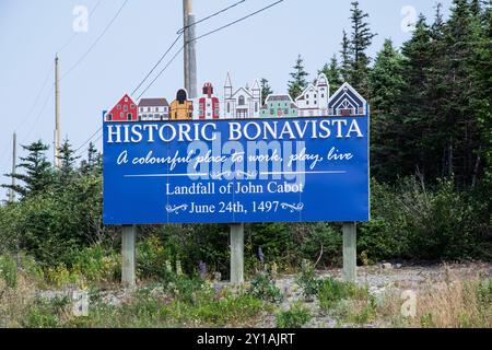 Willkommen beim historischen Bonavista-Schild auf NL 230 in Neufundland & Labrador, Kanada Stockfoto